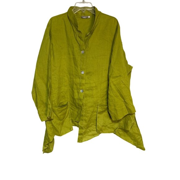 Lime Green Pegasus Womens Asymmetrical Lagan Look Linen Blouse 1X - Picture 1 of 7